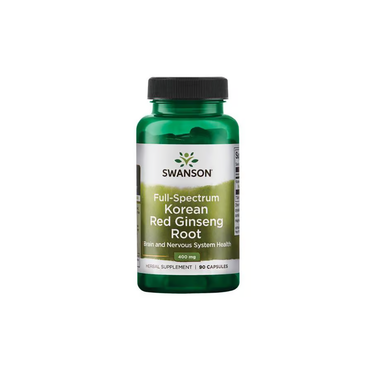 A green bottle of Swanson Full Spectrum Korean Red Ginseng Root, 400 mg, 90 capsules—a herbal adaptogen supplement that supports brain and nervous system health.